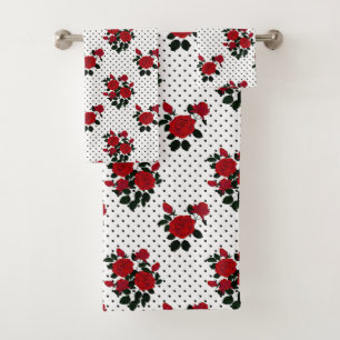 Red roses on a polka dot background.  bath towel set
