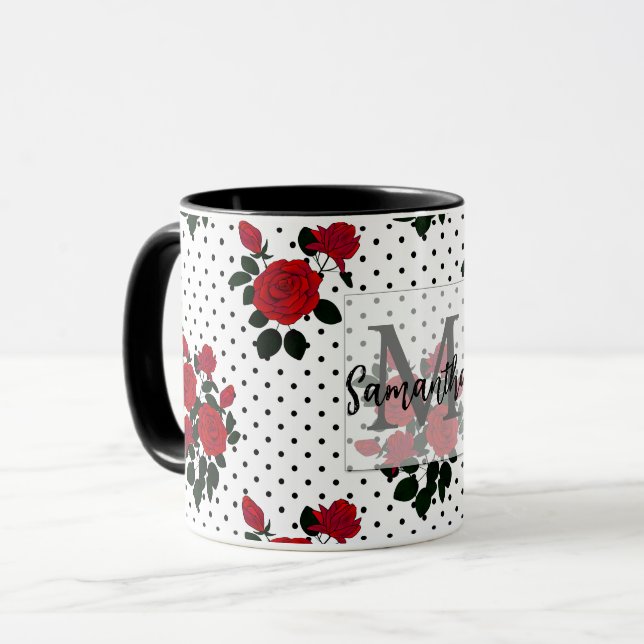 Red roses on a polka dot background.  coffee mug (Front Left)