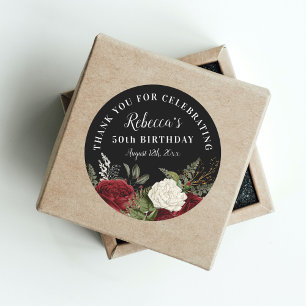 Red Roses on Black 50th Birthday Thank You Favour Classic Round Sticker