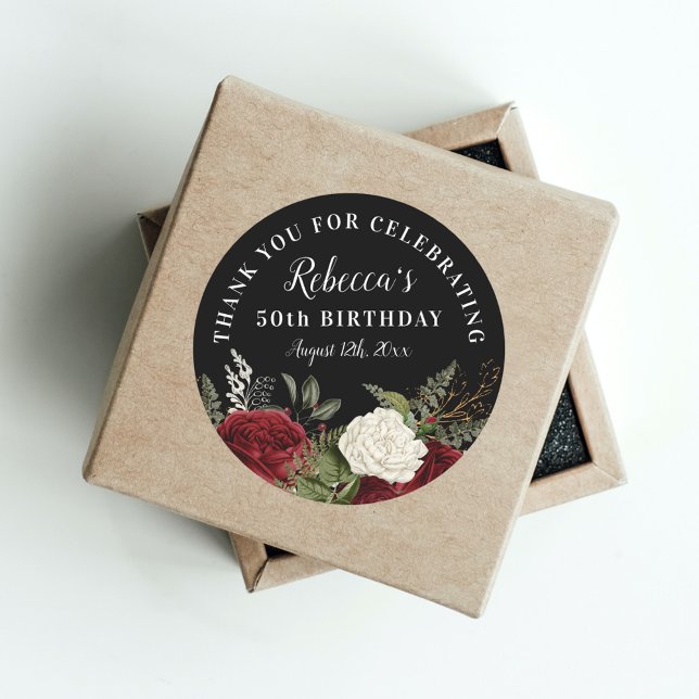 Red Roses on Black 50th Birthday Thank You Favour Classic Round Sticker (Creator Uploaded)