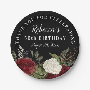 Red Roses on Black 50th Birthday Thank You Paper Plate