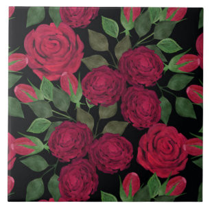 Red roses on black.  ceramic tile