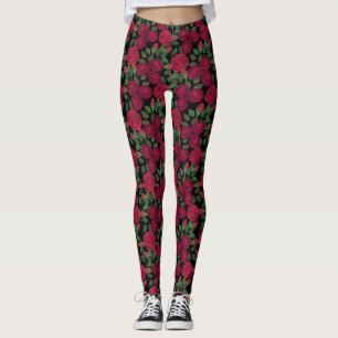 Red roses on black.  leggings