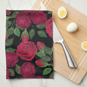 Red roses on black. tea towel
