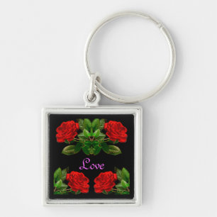 Red Roses on Black Velvet Floral Abstract Design Key Ring