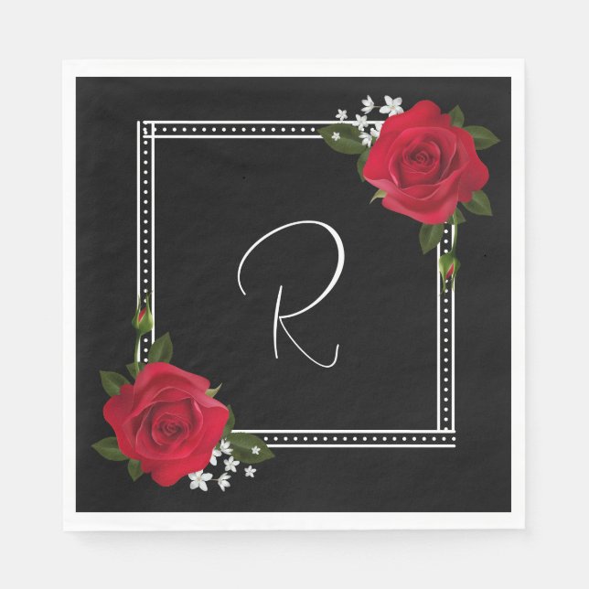 Red Roses on Black Wedding Napkin (Front)