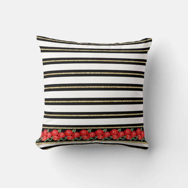 Red Roses on Black, White, Gold Stripes Cushion (Front)