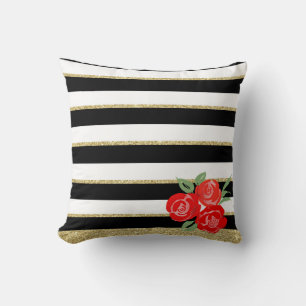 Red Roses on Black, White, Gold Stripes Cushion