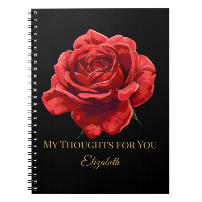 Red Roses on Black with Gold Script Personalised Notebook (Front)