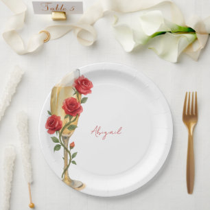 Red Roses on Champagne Personalized Name  Paper Plate