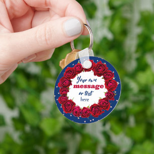 Red roses on deep blue starry background and text key ring