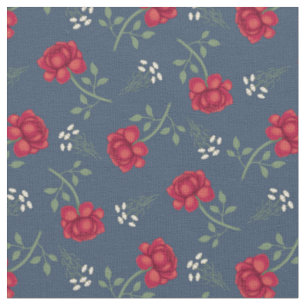 Red Roses on Dusky Blue Calico Fabric