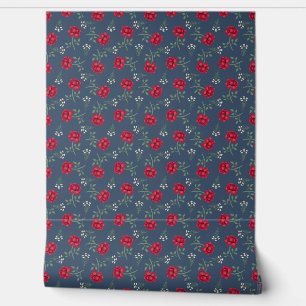 Red Roses on Dusky Blue Calico Wallpaper