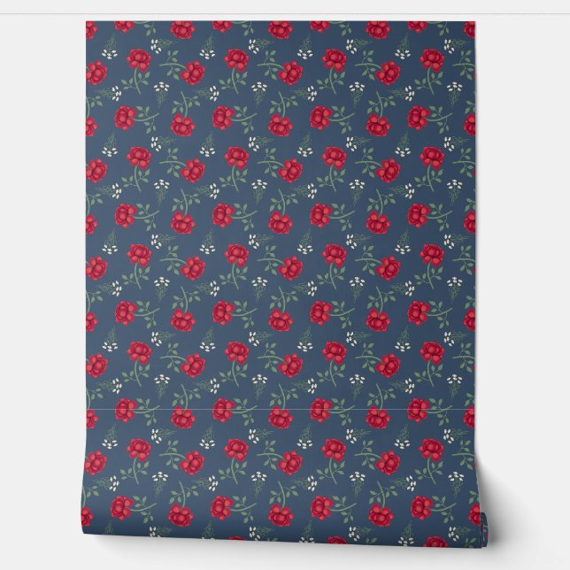 Red Roses on Dusky Blue Calico Wallpaper (Unrolling)