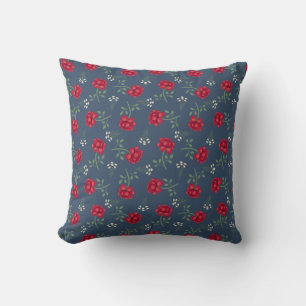 Red Roses on Dusky Blue Oversized Calico Cushion