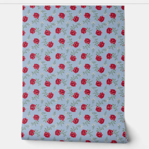 Red Roses on Light Blue Calico Wallpaper