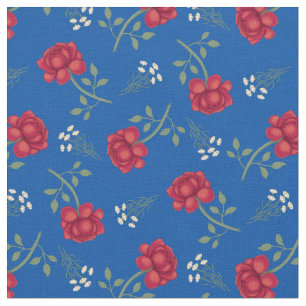 Red Roses on Medium Blue Calico Fabric