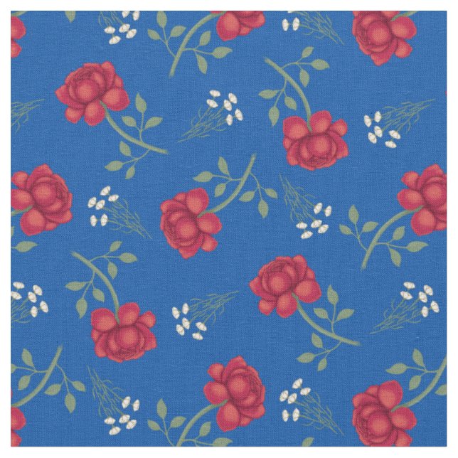Red Roses on Medium Blue Calico Fabric (Close Up)