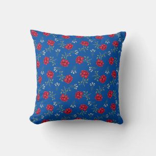Red Roses on Medium Blue Oversized Calico Cushion