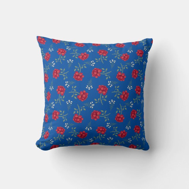 Red Roses on Medium Blue Oversized Calico Cushion (Front)