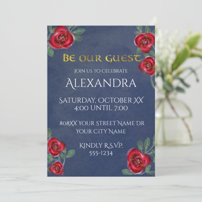 Red Roses on Navy Blue Invitation (Standing Front)