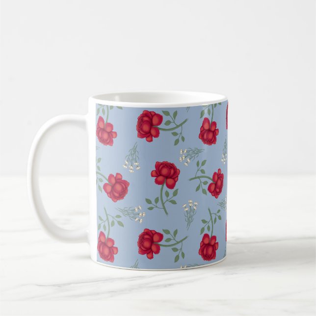 Red Roses on Pale Blue Oversized Calico Coffee Mug (Left)