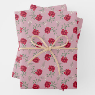 Red Roses on Pink Oversized Calico Wrapping Paper Sheet