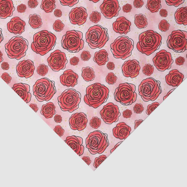 Red Roses on Pink Watercolor Pattern Tissue Paper (Detail)