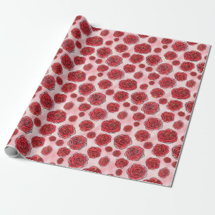 Red Roses on Pink Watercolor Pattern Wrapping Paper