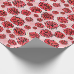 Red Roses on Pink Watercolor Pattern Wrapping Paper