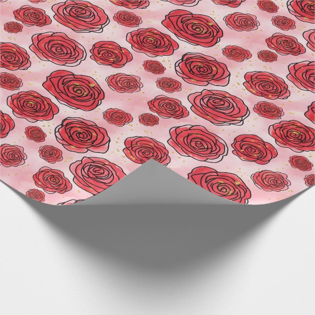 Red Roses on Pink Watercolor Pattern Wrapping Paper (Corner)