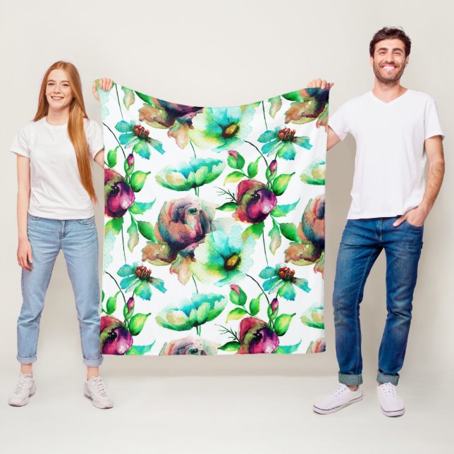 Red Roses On White Background Fleece Blanket (In Situ)