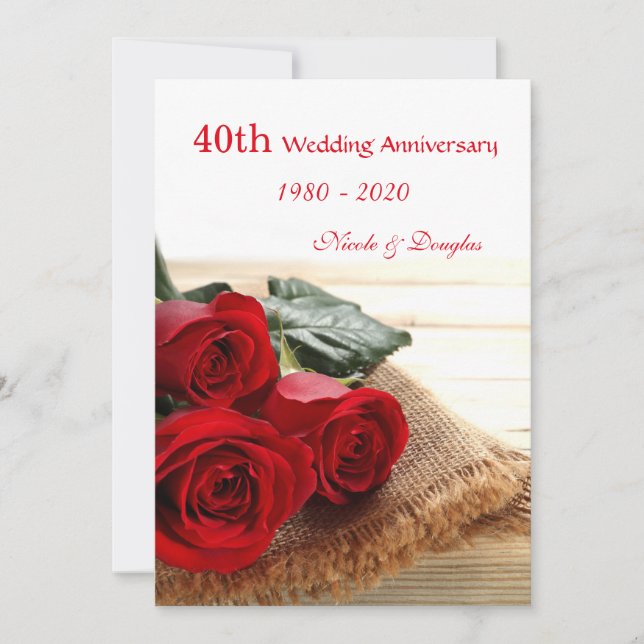 Red roses on wood 40th Wedding Anniversary Invite (Front)