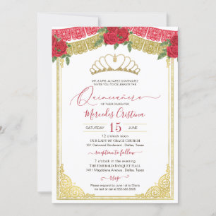 Red Roses & Ornamental Gold Elegant Quinceanera  Invitation