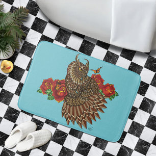 Red Roses Owl Blue Bath Mat
