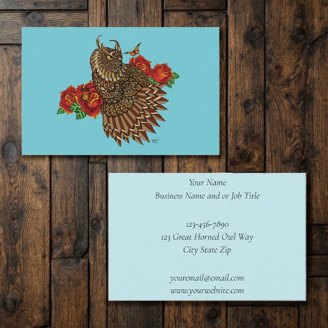 Red Roses Owl Blue Business Card (Creator Uploaded)