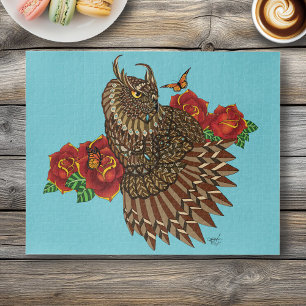 Red Roses Owl Blue Jigsaw Puzzle