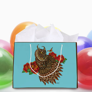 Red Roses Owl Blue Large Gift Bag