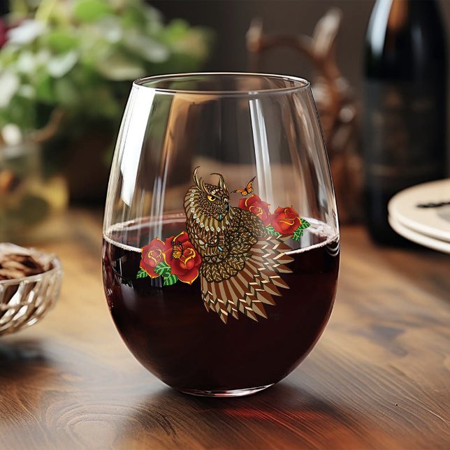 Red Roses Owl Blue Stemless Wine Glass (Creator Uploaded)