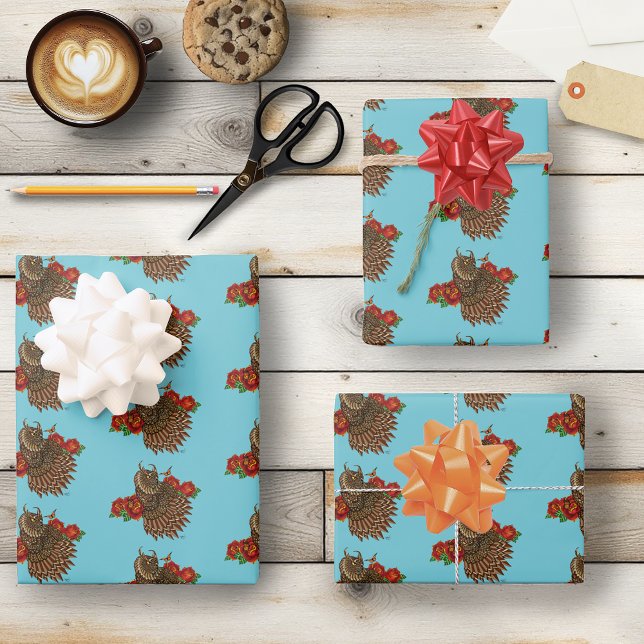 Red Roses Owl Blue Wrapping Paper Sheet (Creator Uploaded)