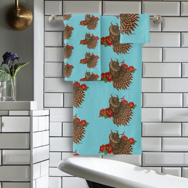 Red Roses Owl Brown Bath Towel Set (Creator Uploaded)