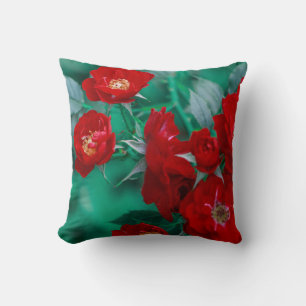 Red Roses Pale Green Leaves Cushion