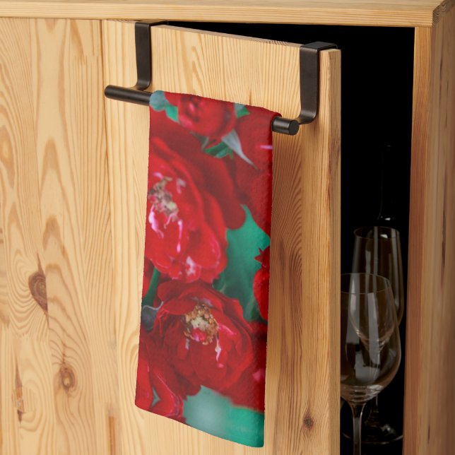 Red Roses Pale Green Leaves Tea Towel (Thirds Fold)