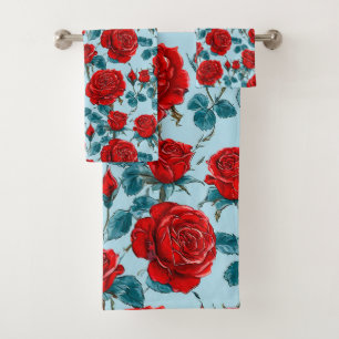Red roses pattern bath towel set
