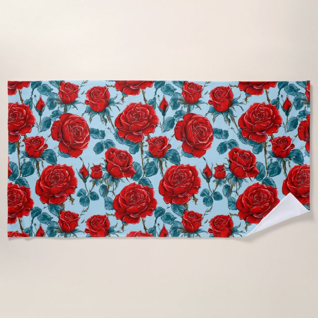 Red roses pattern beach towel (Front)