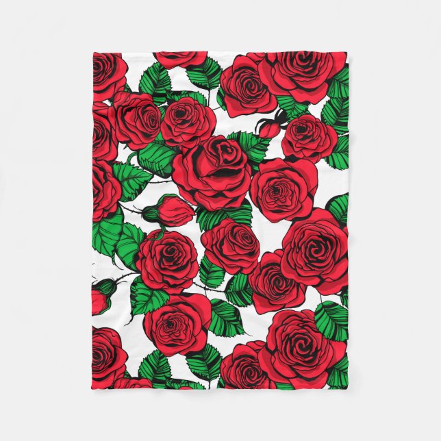 Red roses pattern fleece blanket (Front)