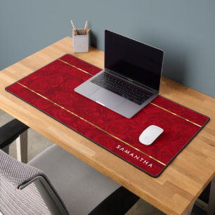 Red roses pattern gold accent desk mat