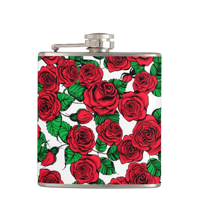 Red roses pattern hip flask (Front)