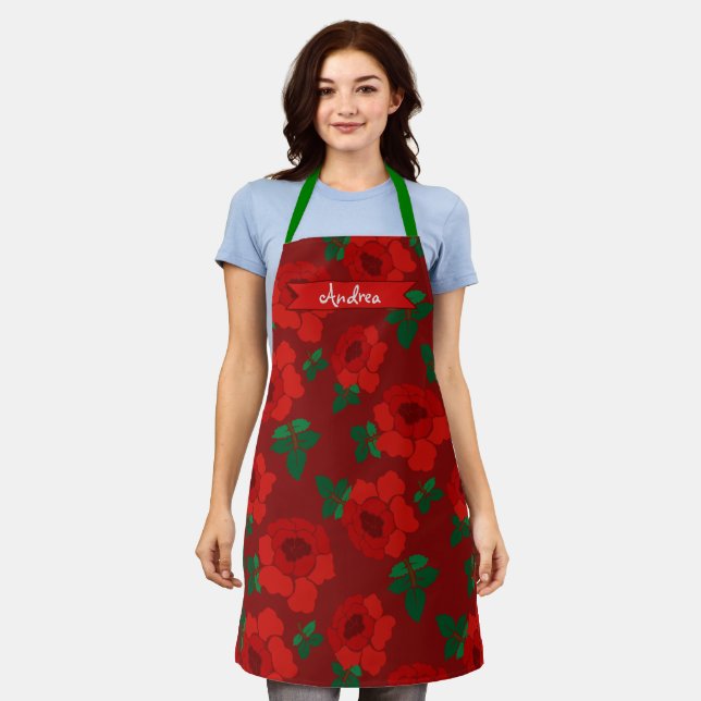 Red Roses Pattern Illustrated Floral Apron (Worn)