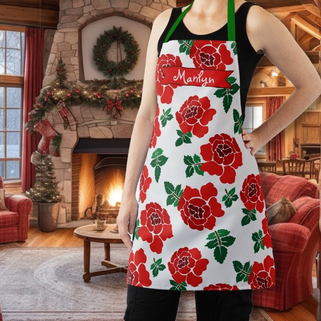 Red Roses Pattern Illustrated Floral Apron (Creator Uploaded)